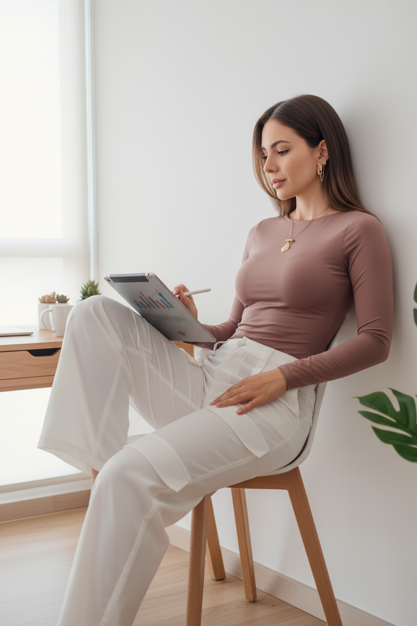 Mujer modela el "Body Básico Moca Manga Larga" de Folgora en un ambiente moderno y luminoso, combinándolo con pantalones blancos.