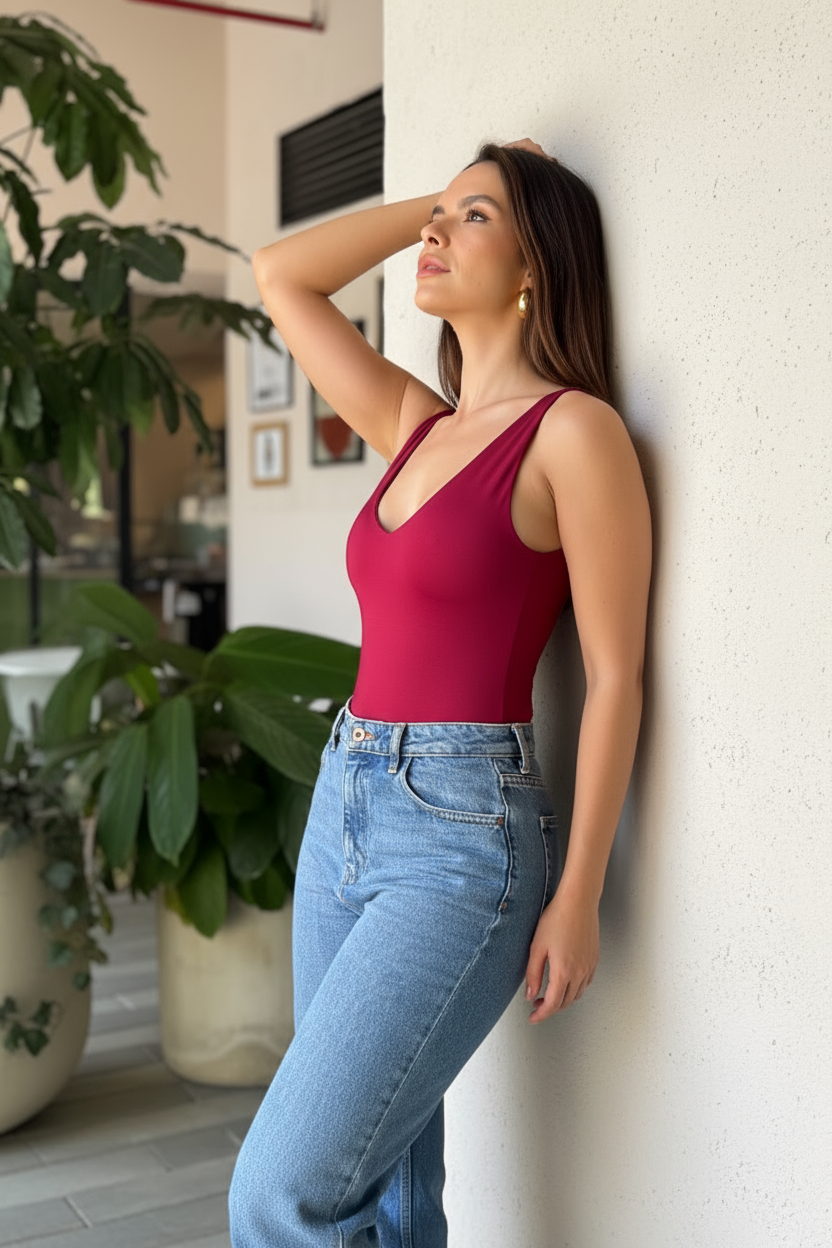 Mujer en café urbano luce Body Ryna Vino Folgora, resaltando su estilo y confianza.