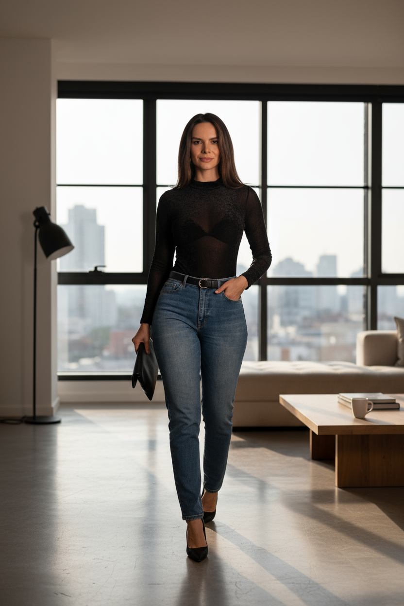 Una mujer segura lleva el Body Brisa Negro Afelpado y jeans en un apartamento moderno, mostrando su silueta y la textura del body.