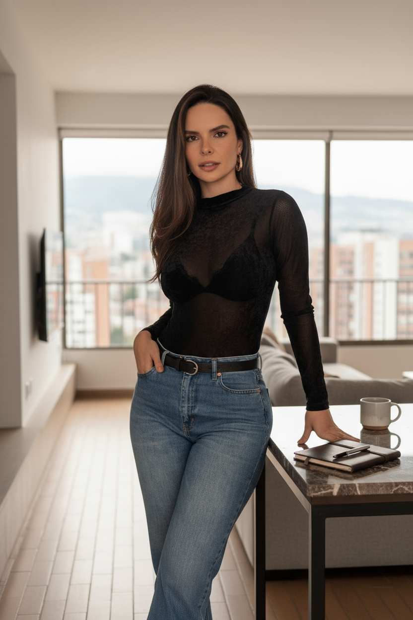 Mujer en Body Brisa Negro Afelpado y pantalón de mezclilla en una sala de estar moderna y luminosa.