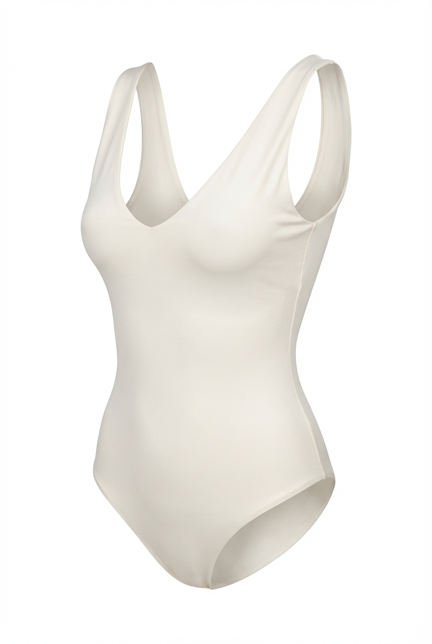 Body Ryna Marfil en color marfil. Prenda ajustada con escote en V profundo sobre maniquí invisible y fondo blanco.
