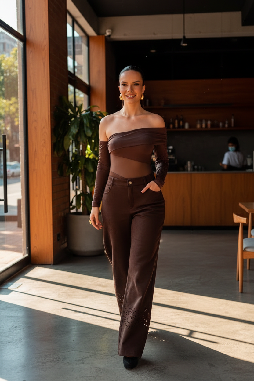 Mujer sonriente con body Aria Marrón y pantalón oscuro caminando en café urbano, luz dorada.