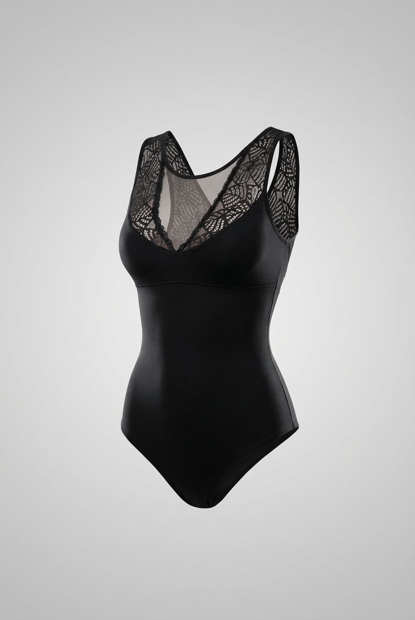 Body Aura Negro de Folgora con control de abdomen, presentado en maniquí invisible con detalle de encaje y fondo gris.