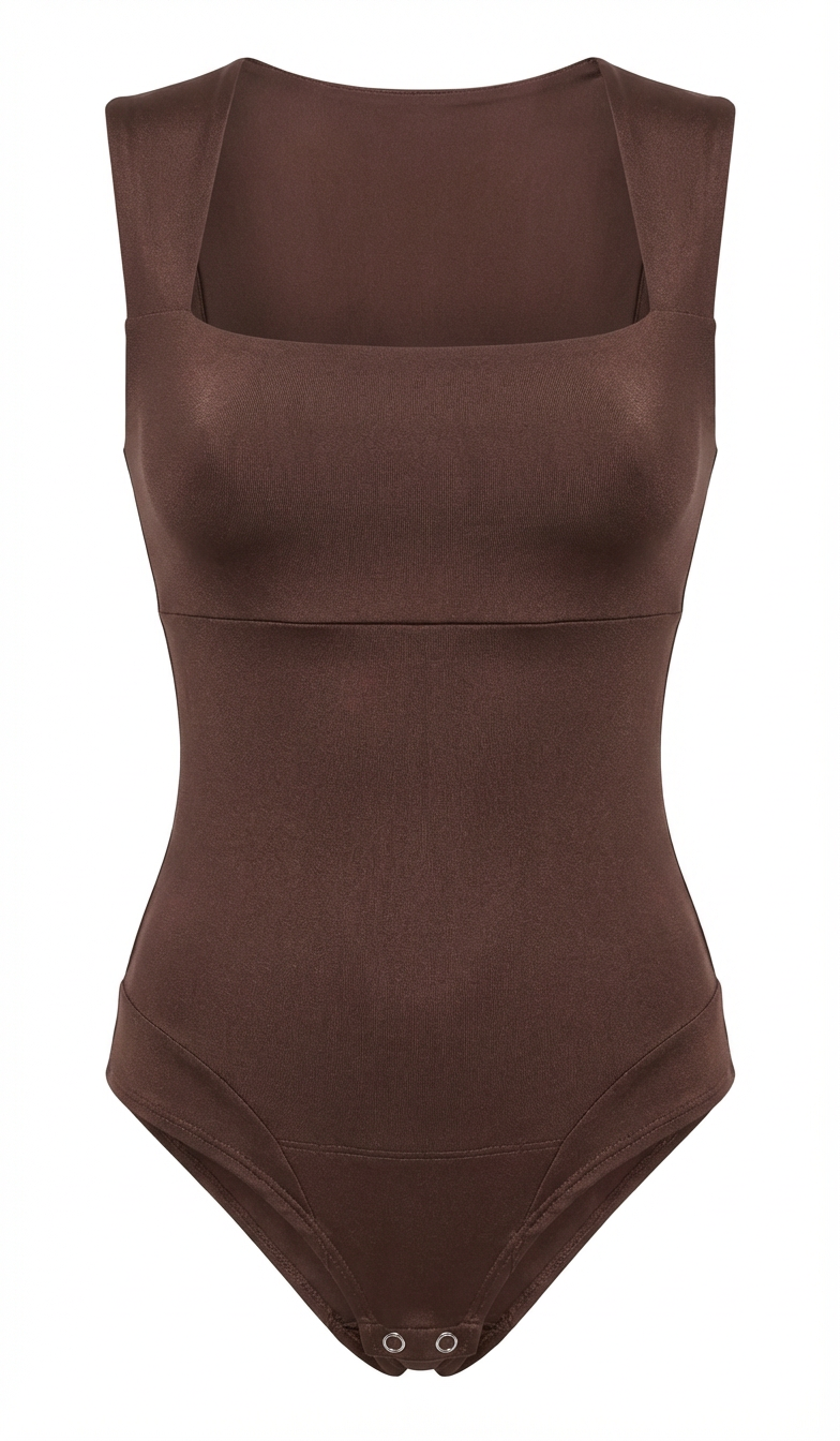 Body Elsa Mocca marrón con control de abdomen, escote cuadrado y broches, sobre maniquí invisible.