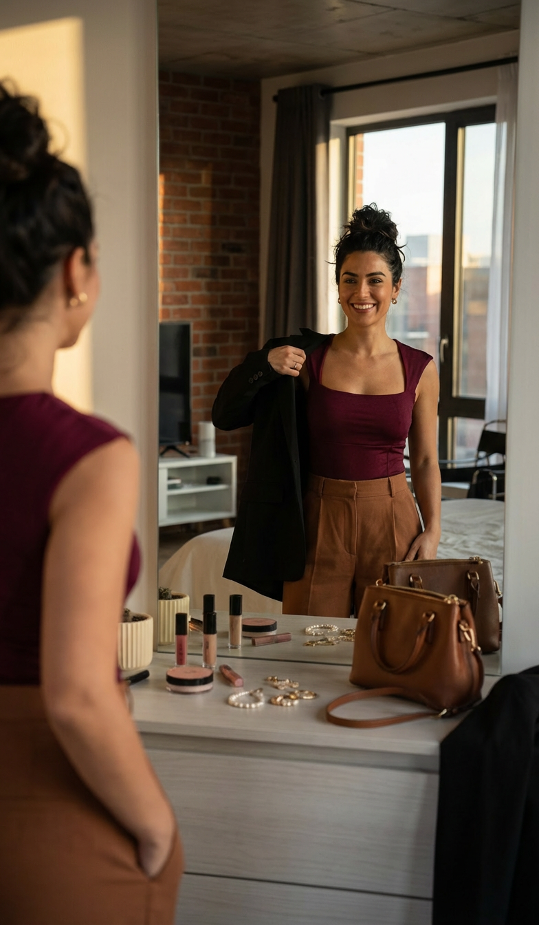 Mujer sonriente en un apartamento chic, usando el Body Elsa Vino Tinto como parte de su atuendo elegante, viéndose en un espejo.